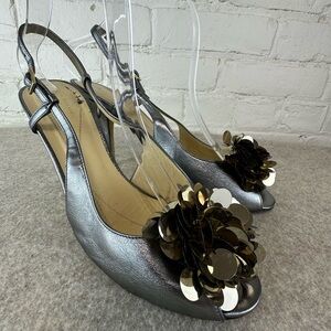 Kate Spade Vintage Caz Sling Back Silver Gold Open Toe Heels Women’s Size 8.5